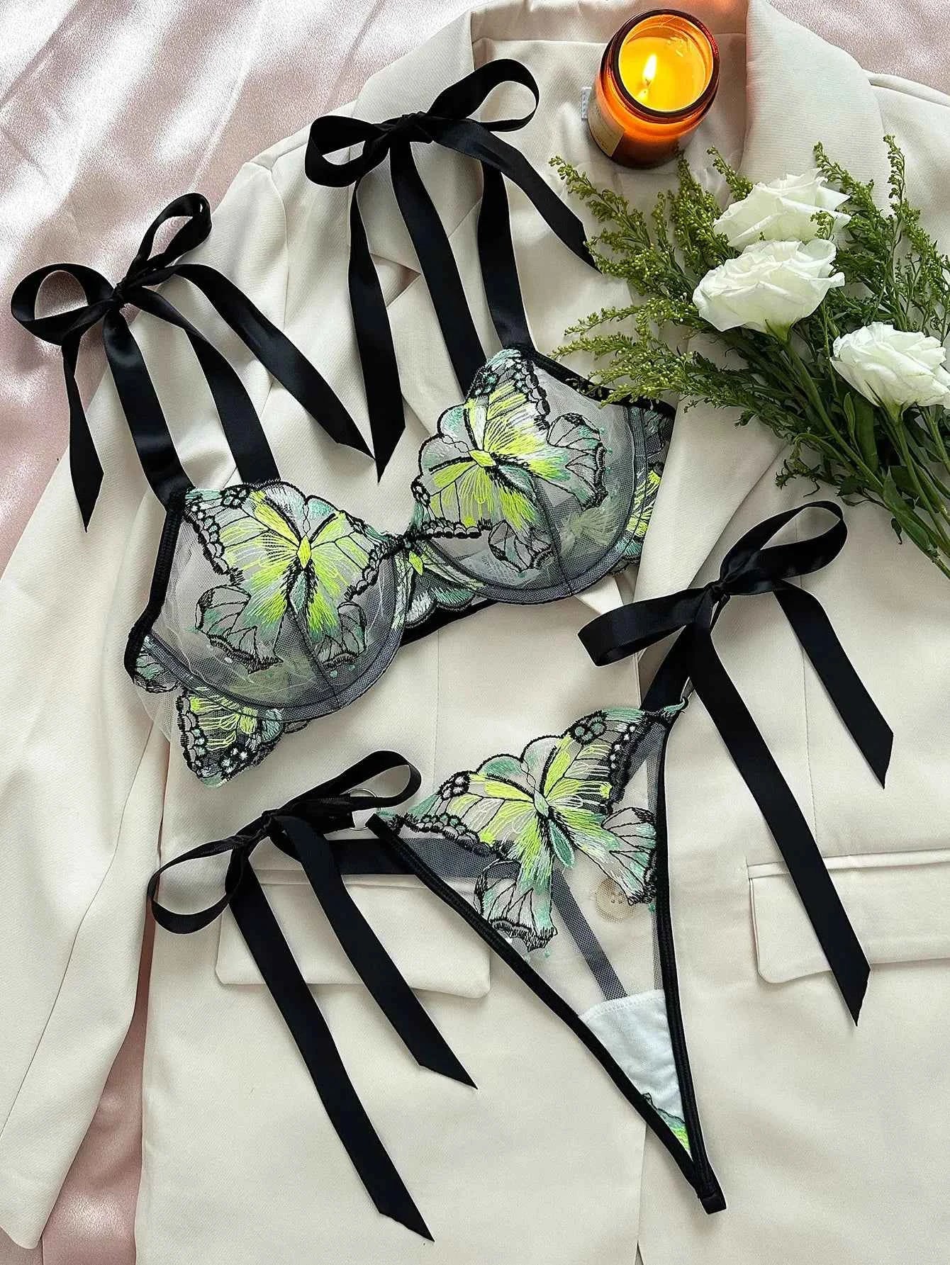Green Butterfly-Embroidered Lingerie