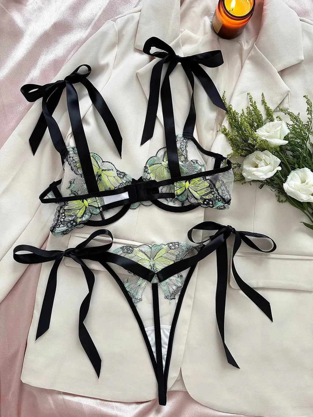 Green Butterfly-Embroidered Lingerie