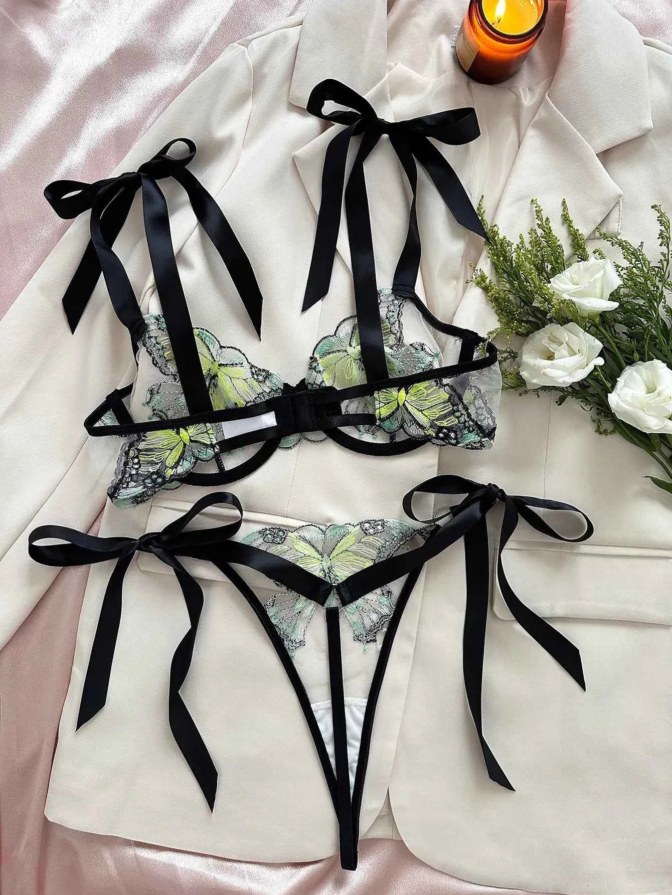 Green Butterfly-Embroidered Lingerie