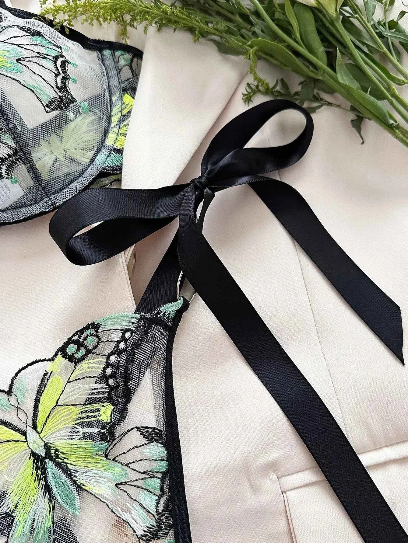 Green Butterfly-Embroidered Lingerie