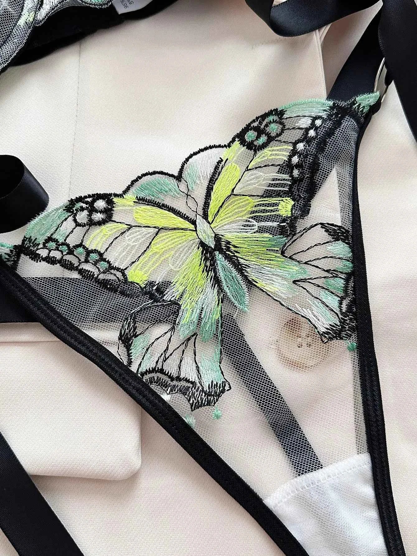 Green Butterfly-Embroidered Lingerie