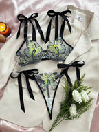 Green Butterfly-Embroidered Lingerie
