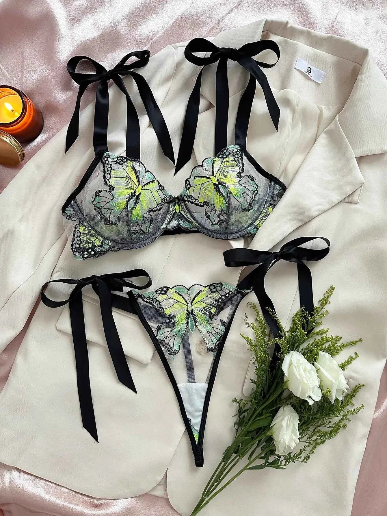 Green Butterfly-Embroidered Lingerie