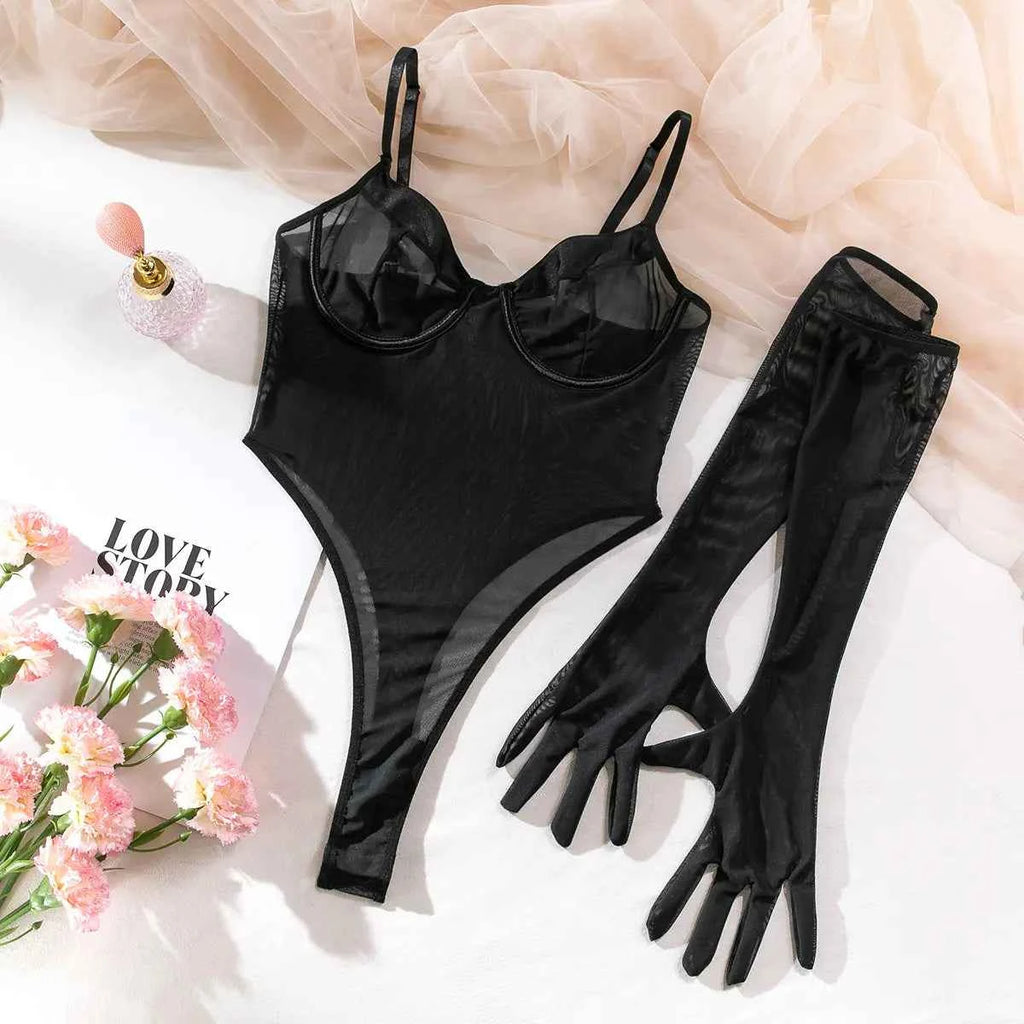 Sheer Mesh Bodysuit & Elbow Glove Set
