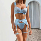 Powder Blue Lingerie Set with Peony Flower Design - Amaratime lingerie
