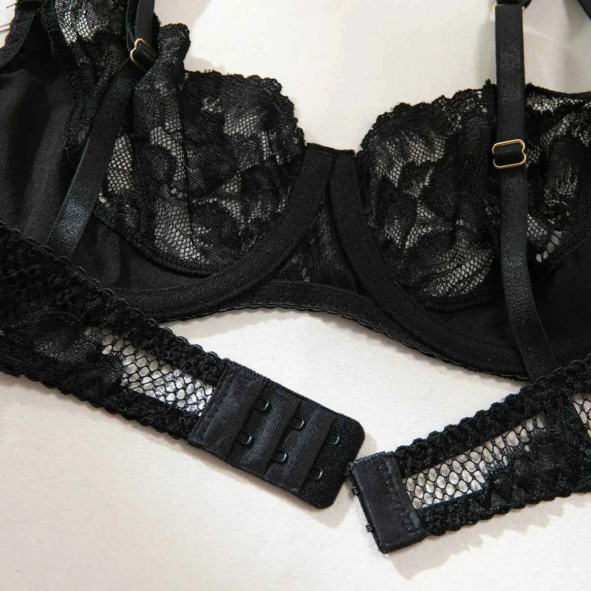 Adjustable Sheer Black Lace Lingerie Set With patterns