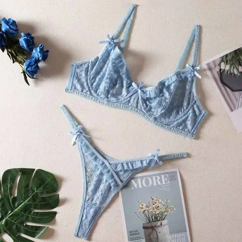 Sky Blue Lace Bralette & Thong Set