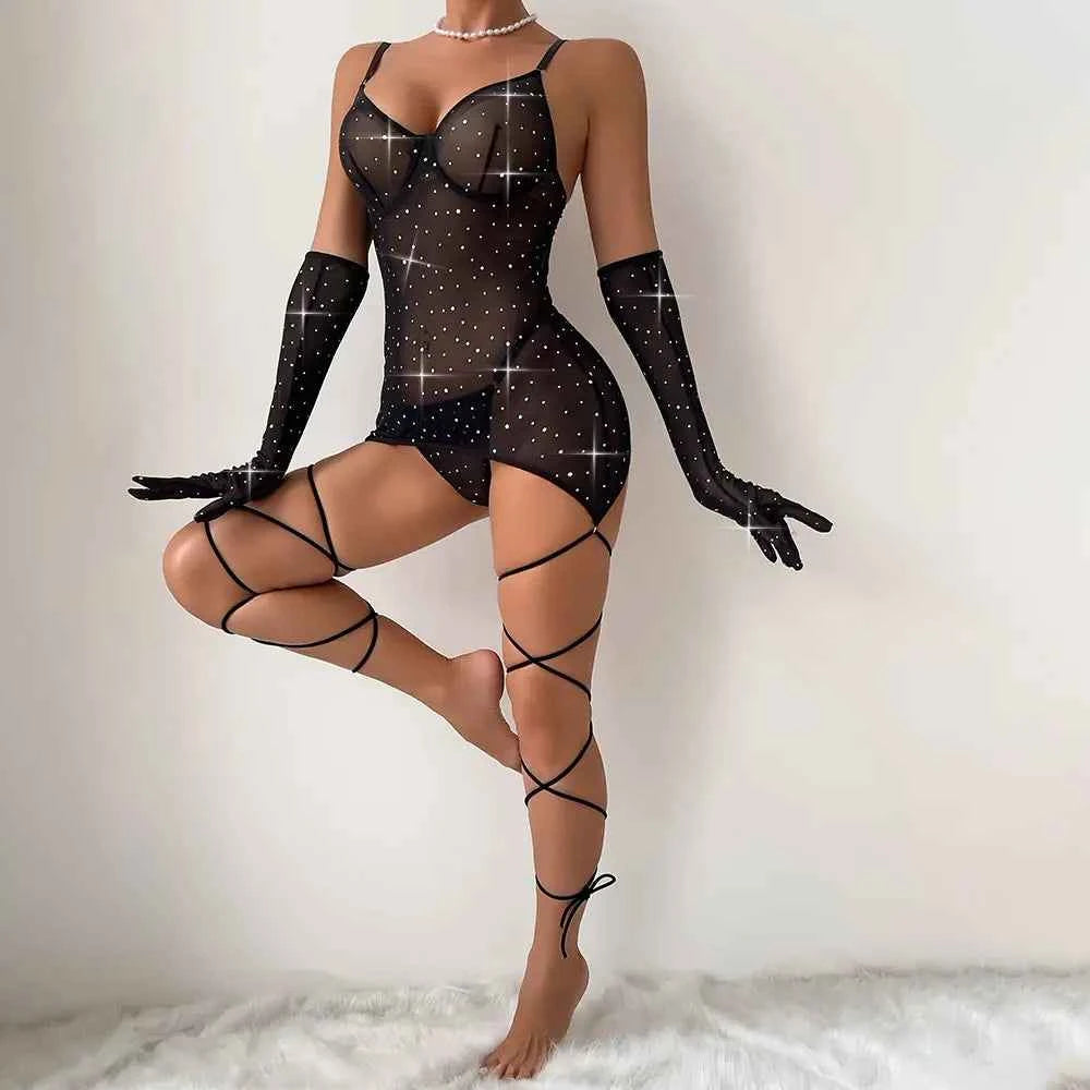 Black Crystal Harness Bodysuit