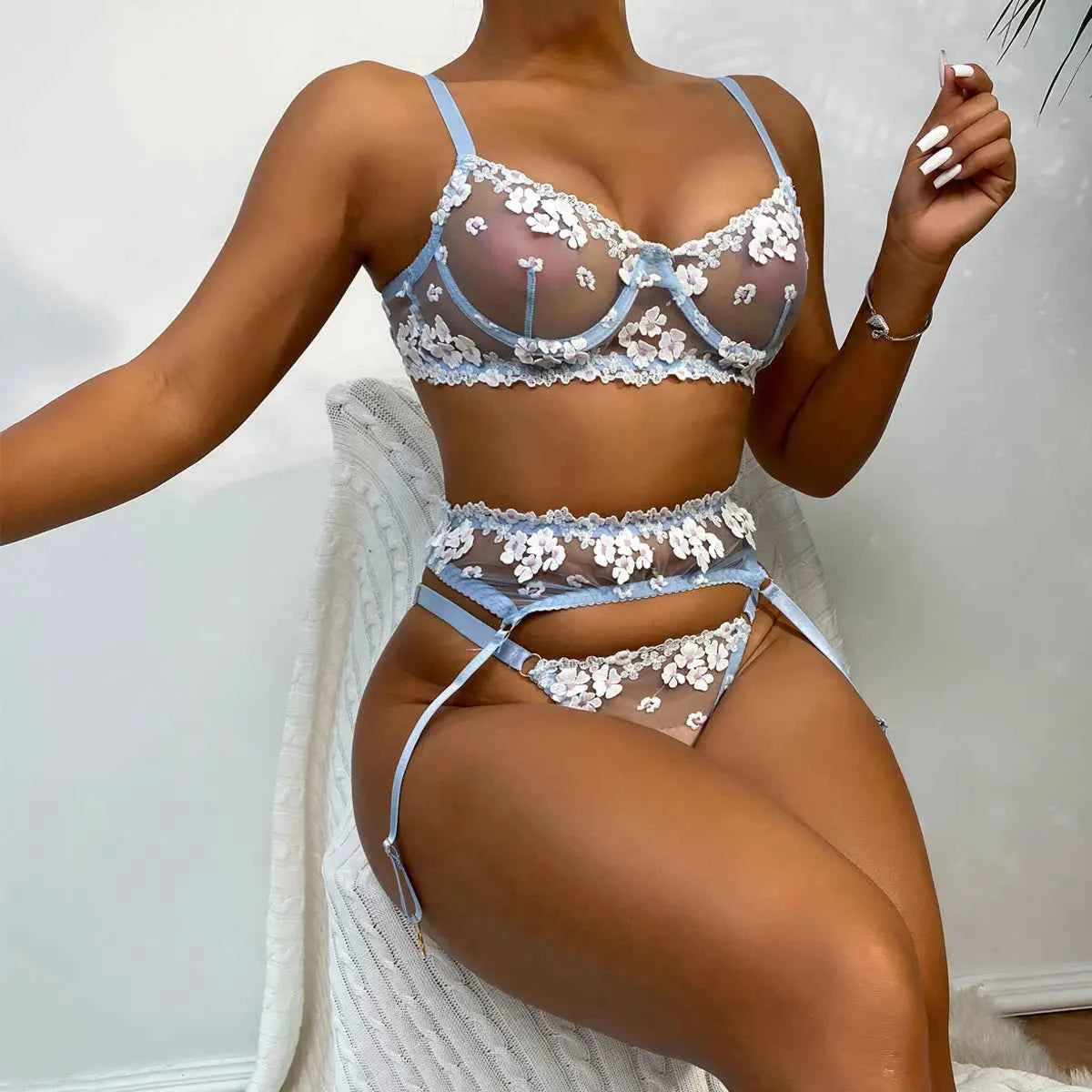 Flora Blue Lace Intimates Set