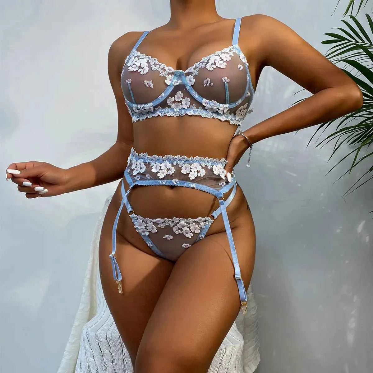 Flora Blue Lace Intimates Set