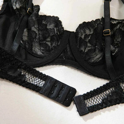 Adjustable Sheer Patterned Black Lace Lingerie Set - Amaratime lingerie