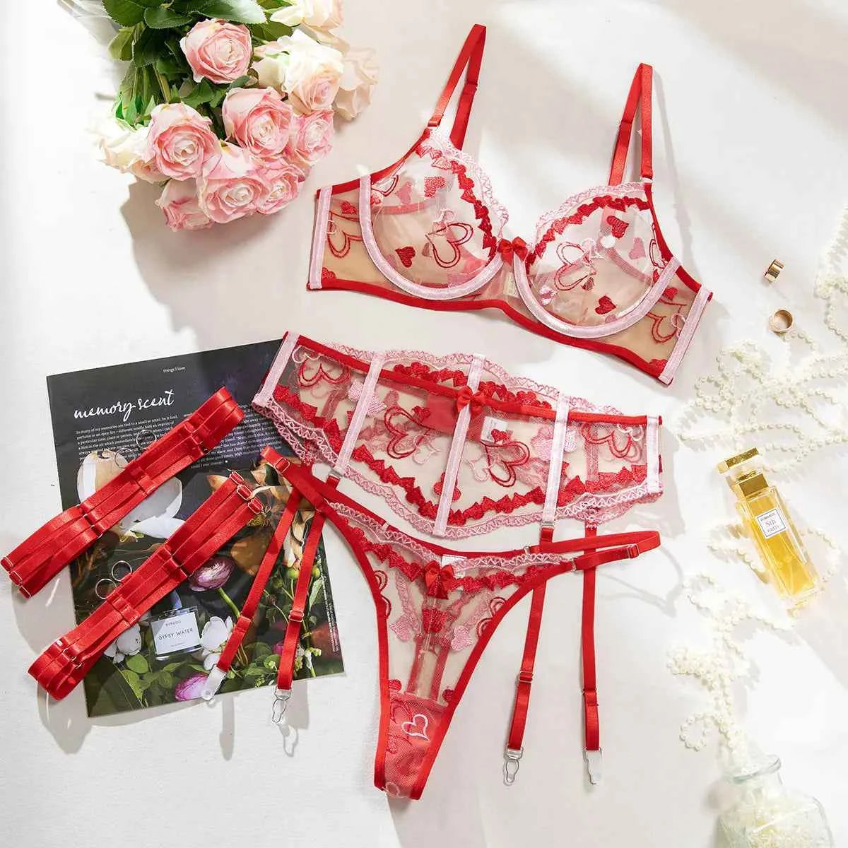 Desire Hearts Red Lace Lingerie Set with Garter