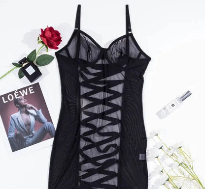 Black Hollow - Out Lace Pajama Set - Amaratime lingerie