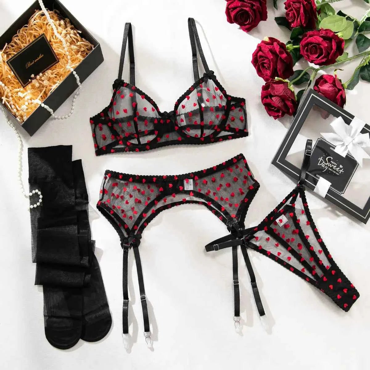 Black Lace & Red Heart Lingerie Set - Amaratime lingerie