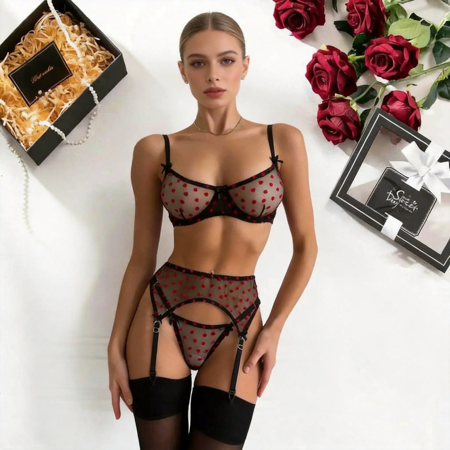 Black Lace & Red Heart Lingerie Set - Amaratime lingerie