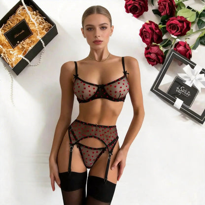 Black Lace & Red Heart Lingerie Set - Amaratime lingerie