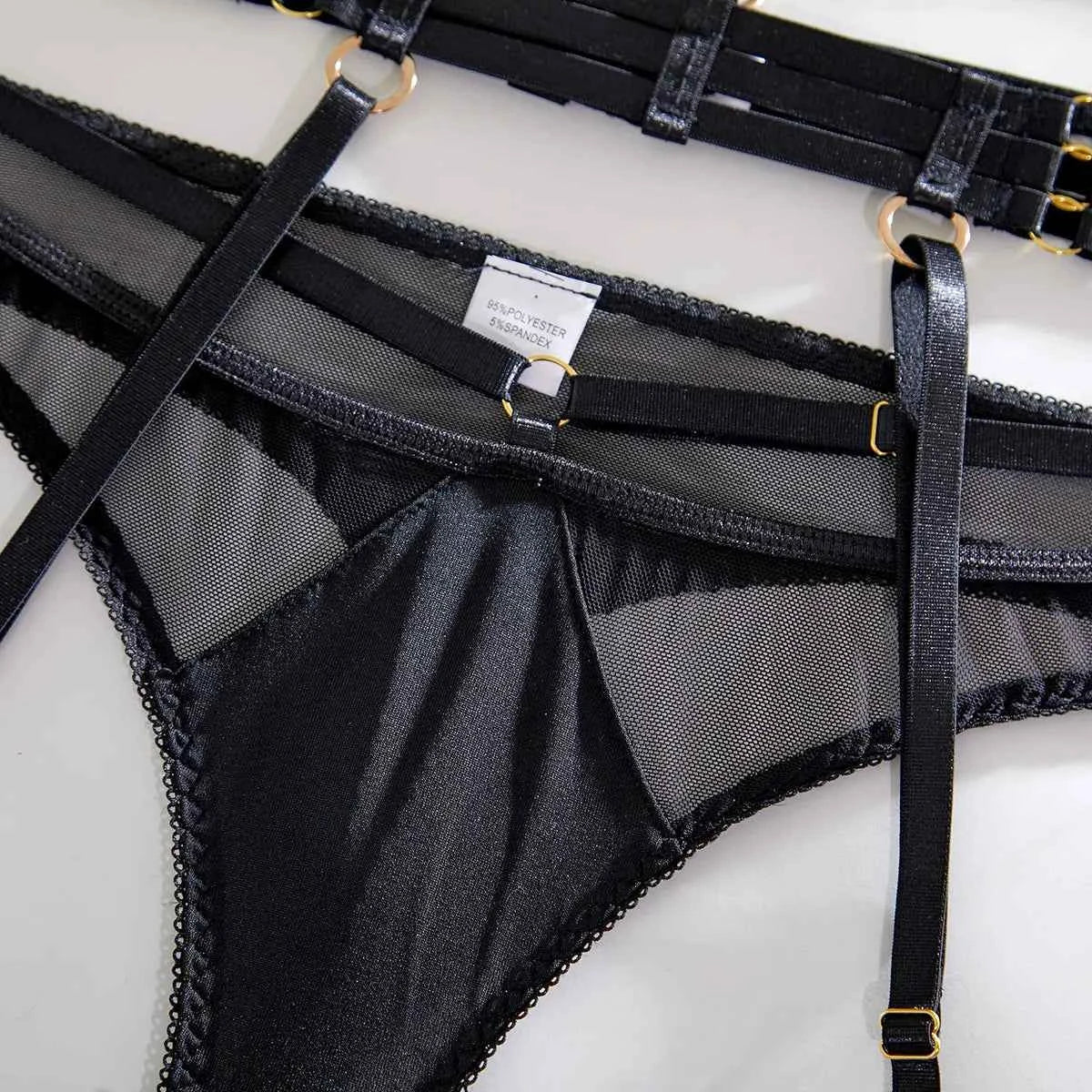 Black Strappy Harness Mesh Lingerie Set - Amaratime lingerie
