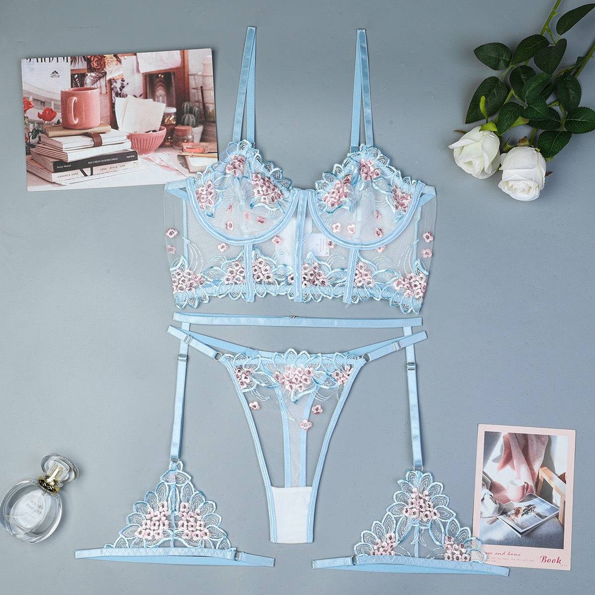 Blue Floral Embroidery Lingerie Set - Amaratime lingerie