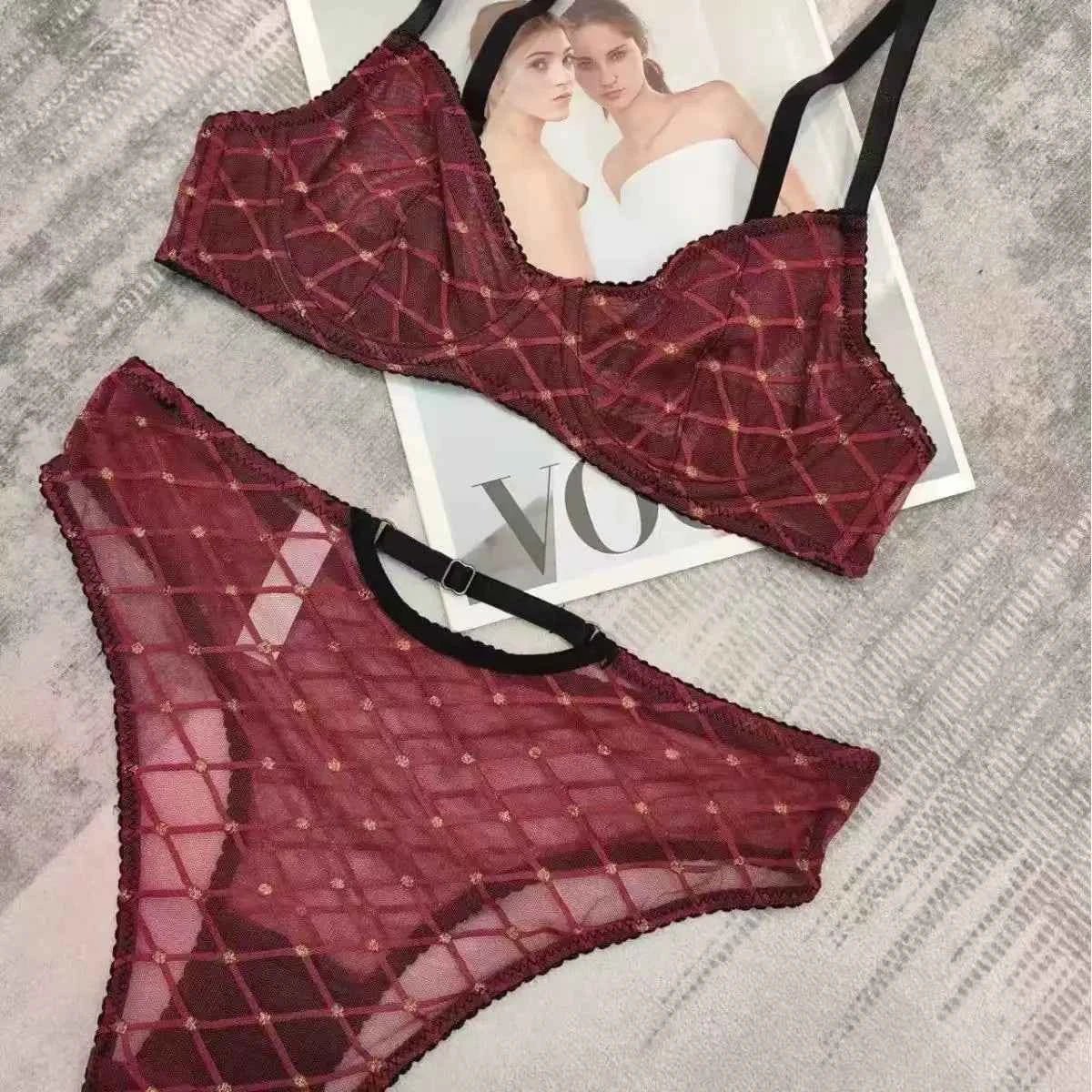 Brown Diamond Grid Mesh Lingerie Set - Amaratime lingerie