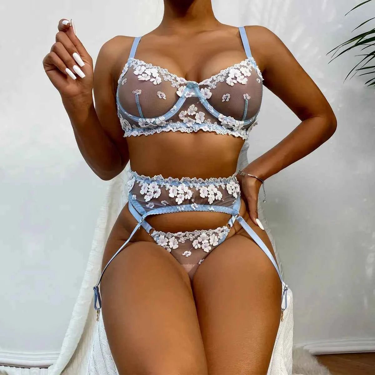 Flora Blue Lace Intimates - Amaratime lingerie
