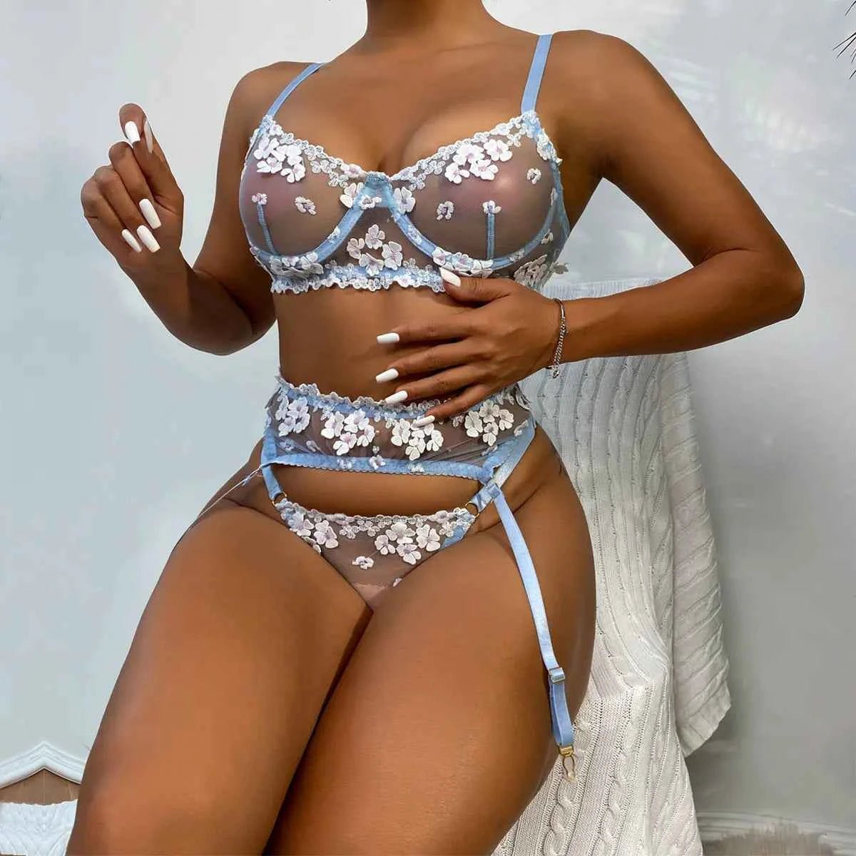 Flora Blue Lace Intimates - Amaratime lingerie
