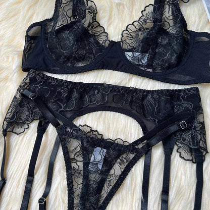 Floral Lace Lingerie Set with Garter - Amaratime lingerie
