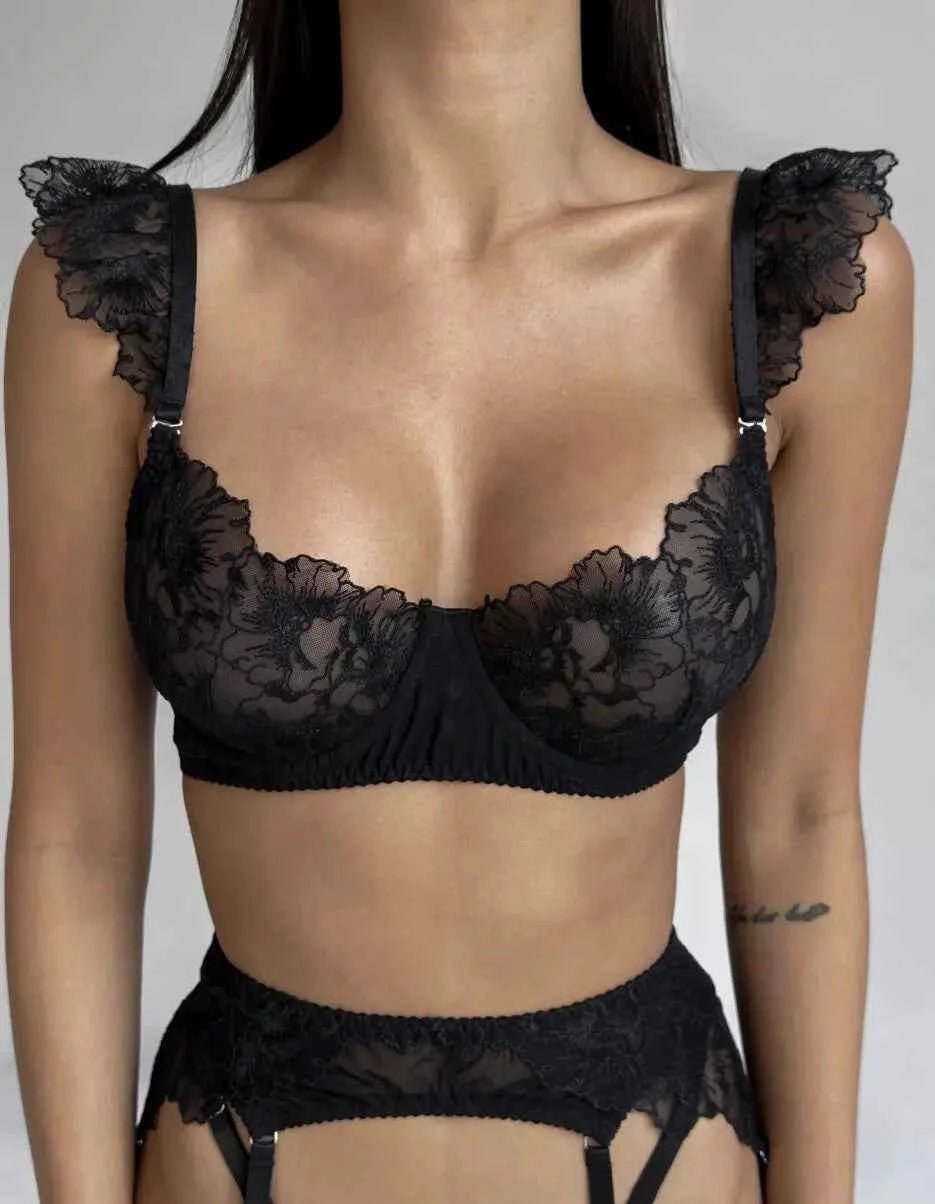 Floral Lace Lingerie Set with Garter - Amaratime lingerie