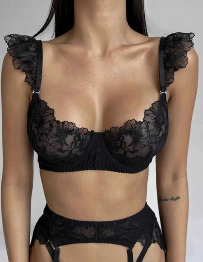 Floral Lace Lingerie Set with Garter - Amaratime lingerie