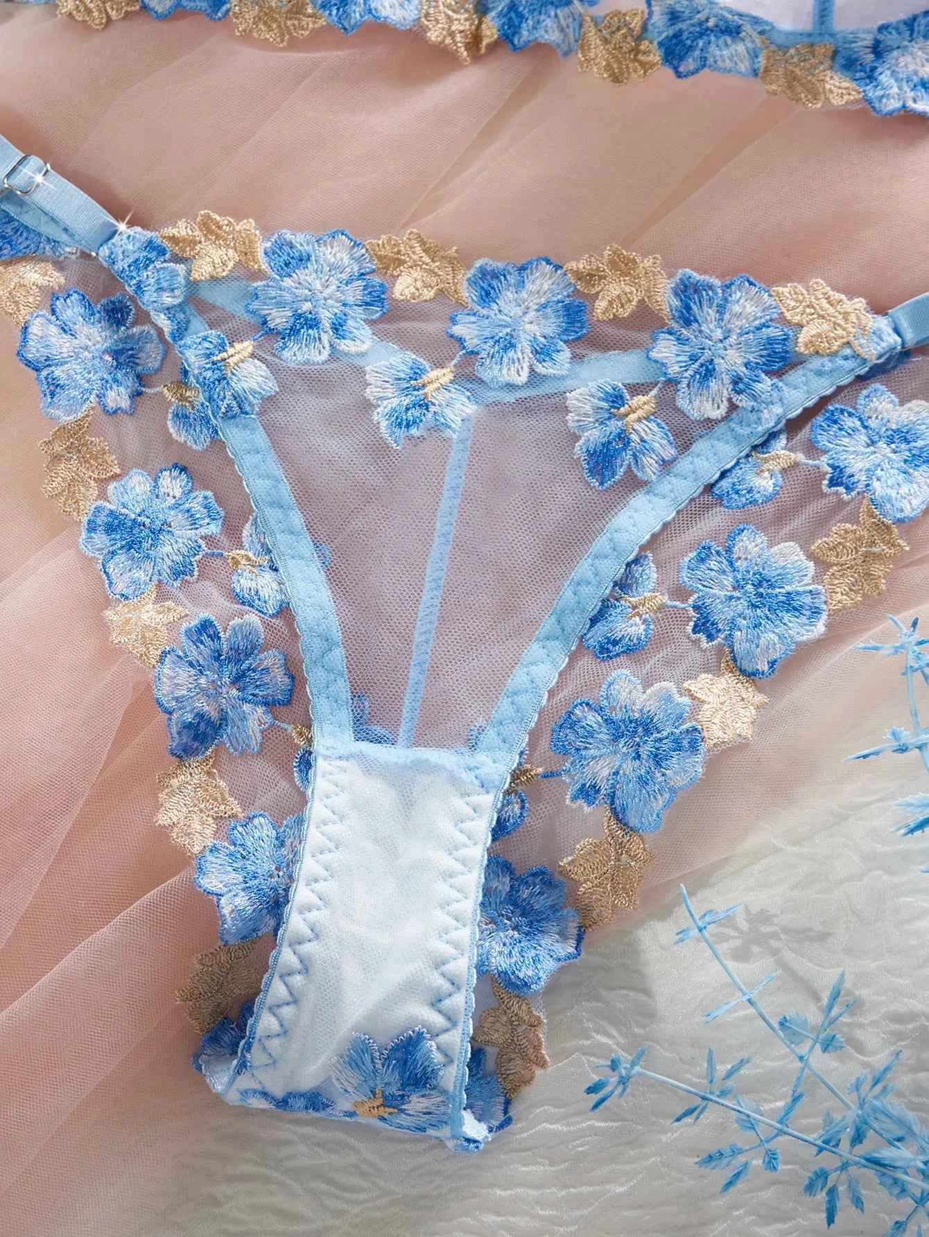 Light Blue Floral Embroidery Lingerie Set - Amaratime lingerie