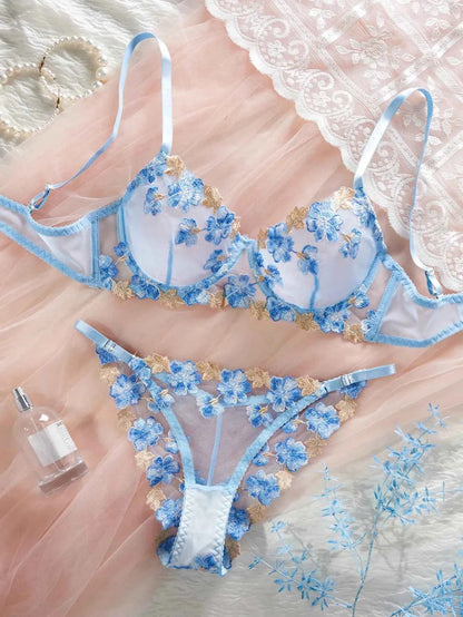 Light Blue Floral Embroidery Lingerie Set - Amaratime lingerie