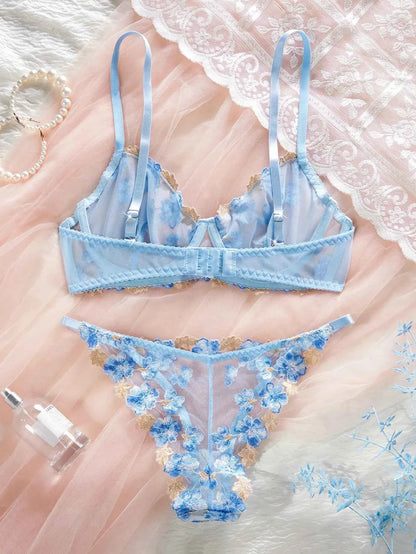 Light Blue Floral Embroidery Lingerie Set - Amaratime lingerie