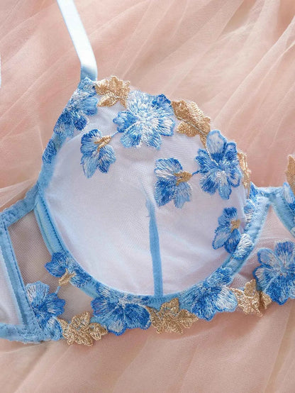 Light Blue Floral Embroidery Lingerie Set - Amaratime lingerie