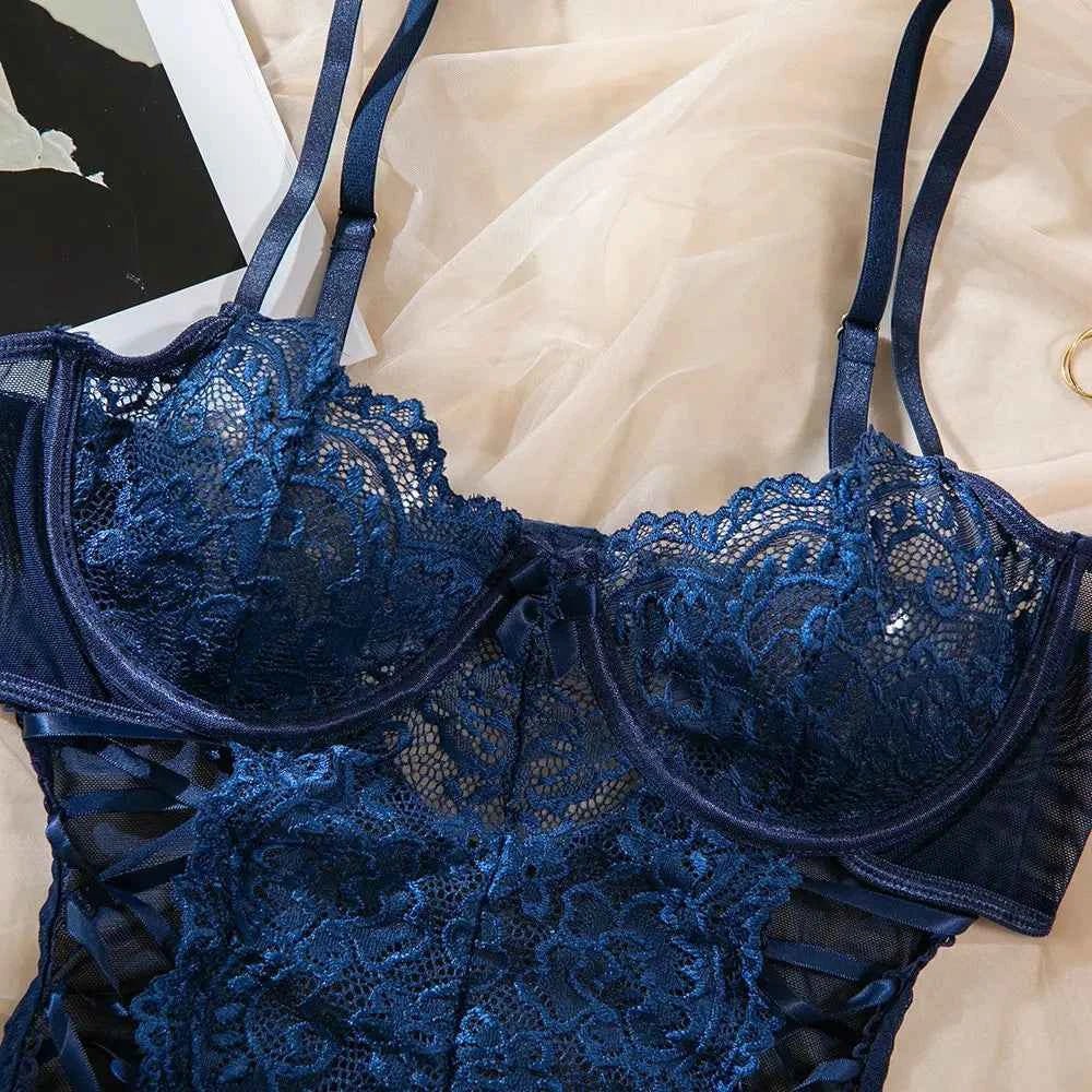 Navy Desire Lace Bodysuit - Amaratime lingerie