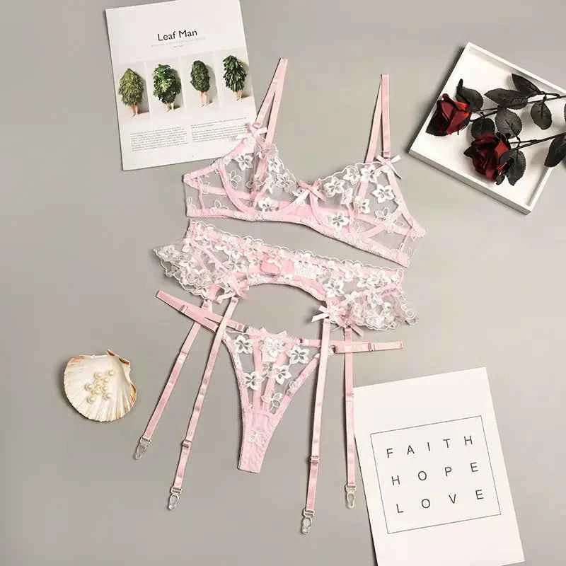 Pink High - Waist Lace Lingerie Set with Garter Belt - Amaratime lingerie