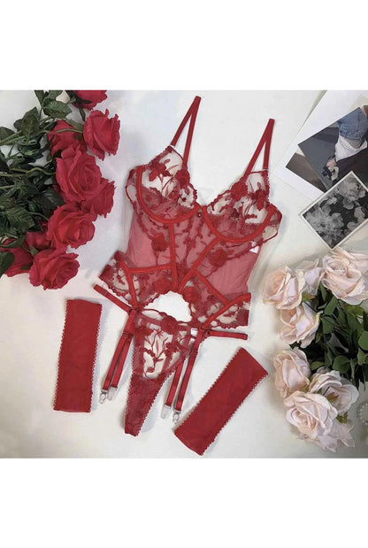 Red Embroidery Seamless Lace Lingerie Set - Amaratime lingerie