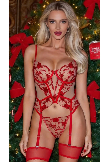 Red Embroidery Seamless Lace Lingerie Set - Amaratime lingerie