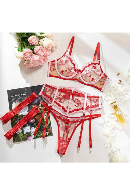 Red Lace Lingerie Set with Garter - Amaratime lingerie