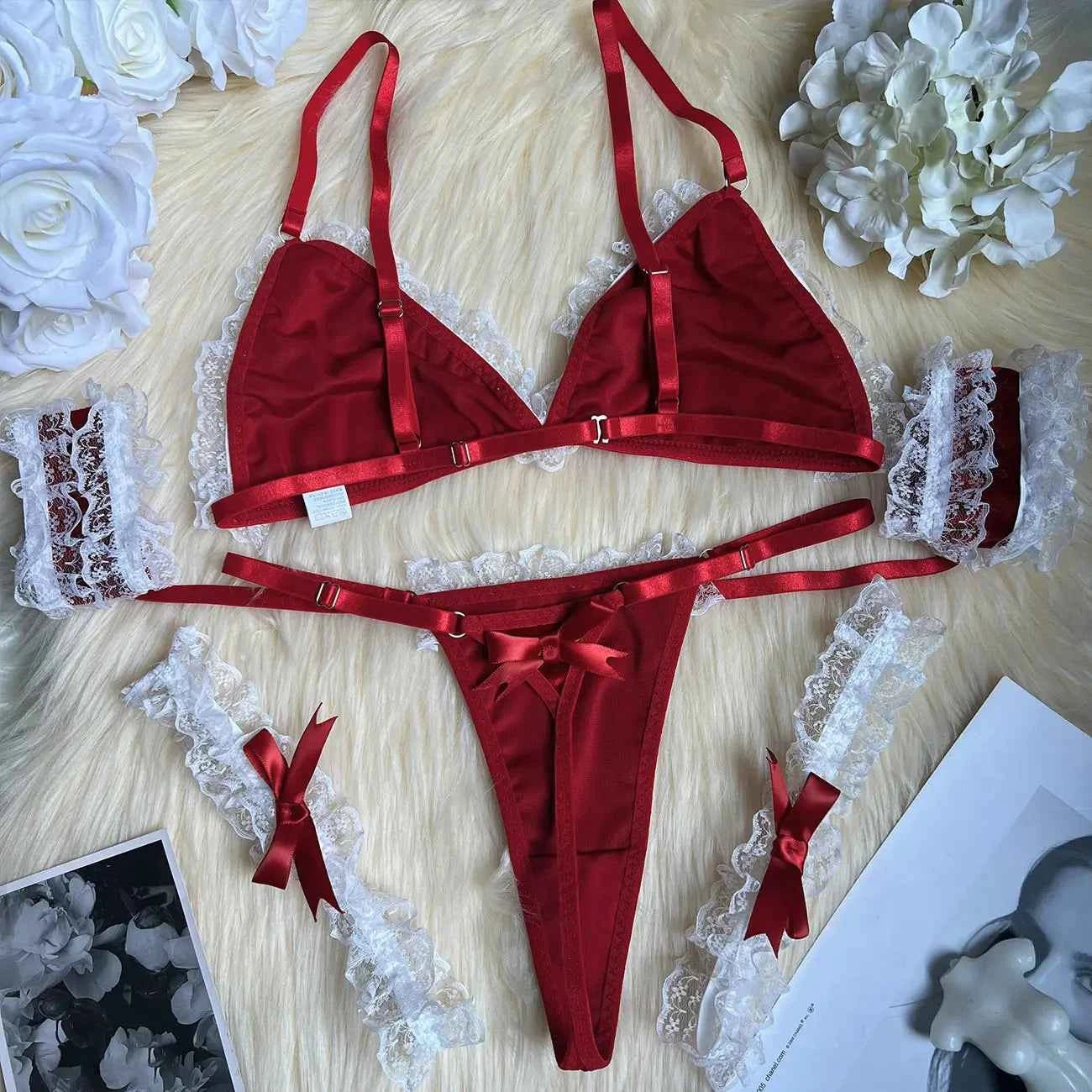 Red Satin & white Lace Lingerie Set - Amaratime lingerie