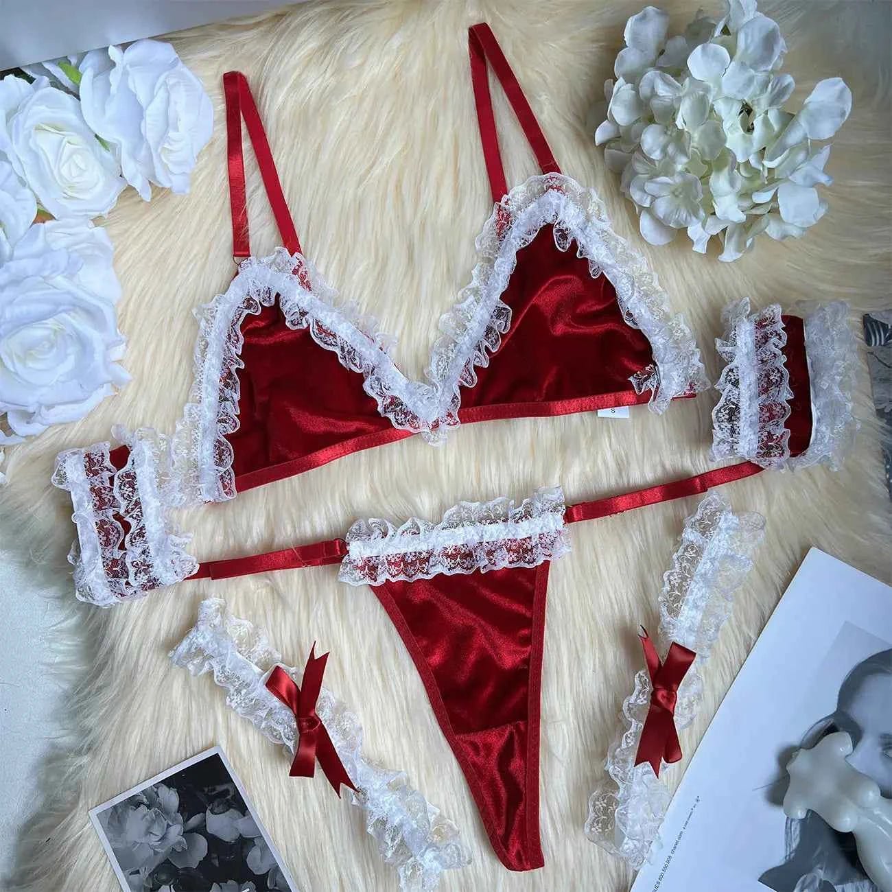 Red Satin & white Lace Lingerie Set - Amaratime lingerie