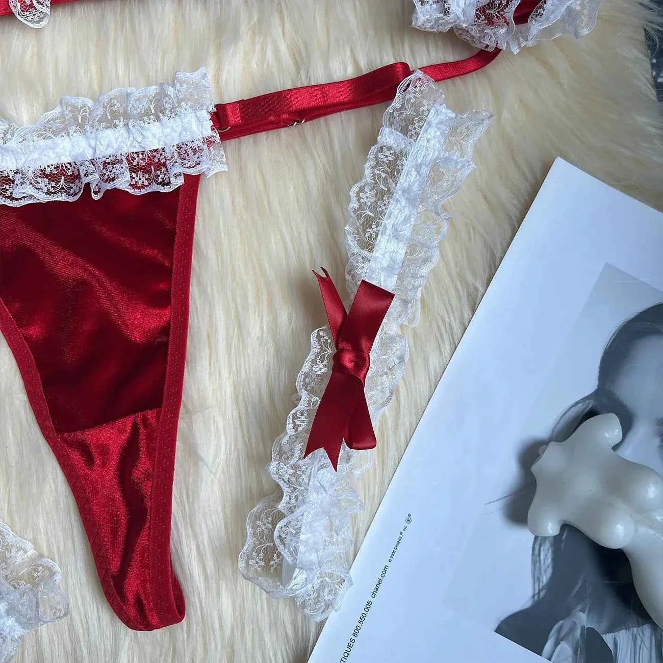 Red Satin & white Lace Lingerie Set - Amaratime lingerie