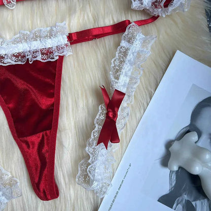 Red Satin & white Lace Lingerie Set - Amaratime lingerie