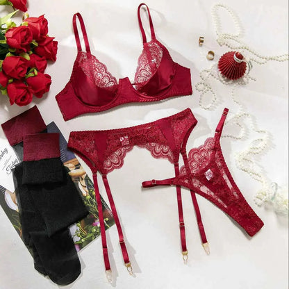 Red V - Neck Lace Lingerie Set with Garter & Stockings - Amaratime lingerie